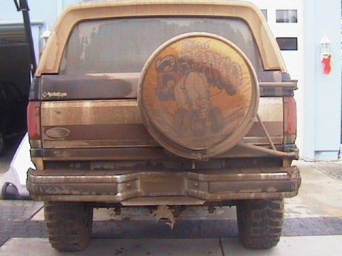 1991 Ford Bronco - Rear view of a 1991 Ford Bronco, complete with a spare tire cover a monster truck graphic.