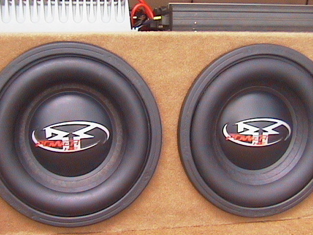 Two black Rockford Fosgate subwoofers in a tan carpeted box with amplifier above