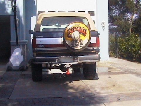 1991 Ford Bronco - Rear view of a 1991 Ford Bronco, a spare tire cover with a cartoon Bronco graphic.