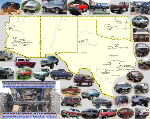 1995 Ford Bronco - A collection of Ford Bronco images is presented alongside a map of Texas, highlighting club locations.