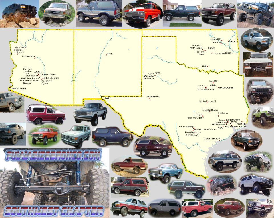 FullsizeBronco.com Southwest Chapter collage: Southwest map with member names ringed by Bronco photos