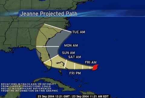 1993 Ford Bronco - Television weather graphic showing Hurricane Jeanne's projected path, not a vehicle technical document.