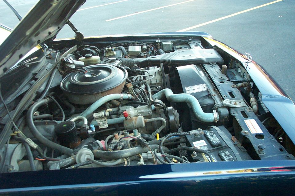 Engine bay with hoses, battery, and air cleaner visible
