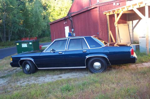 1991 Ford LTD Crown Victoria - A dark blue sedan is parked on a grassy area next to a red building with a wooden overhang.
