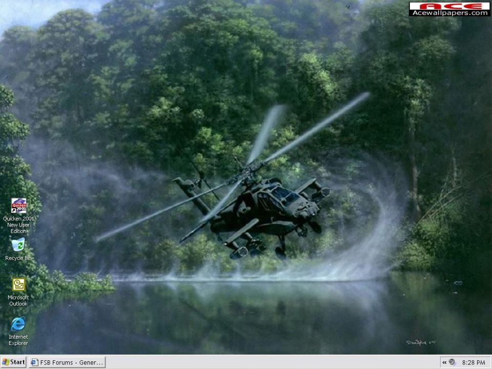 Helicopter flying low over water with trees in background