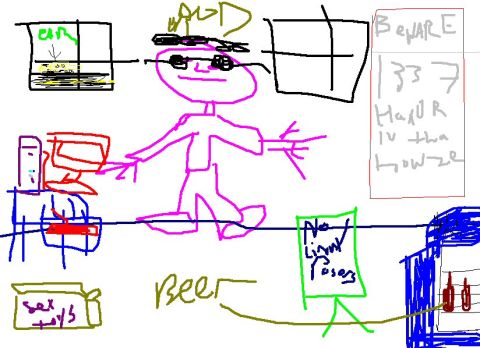 1985 Ford LTD Crown Victoria - A crudely drawn scene depicts a person, a computer, and various items, including a sign and a box of adult toys.