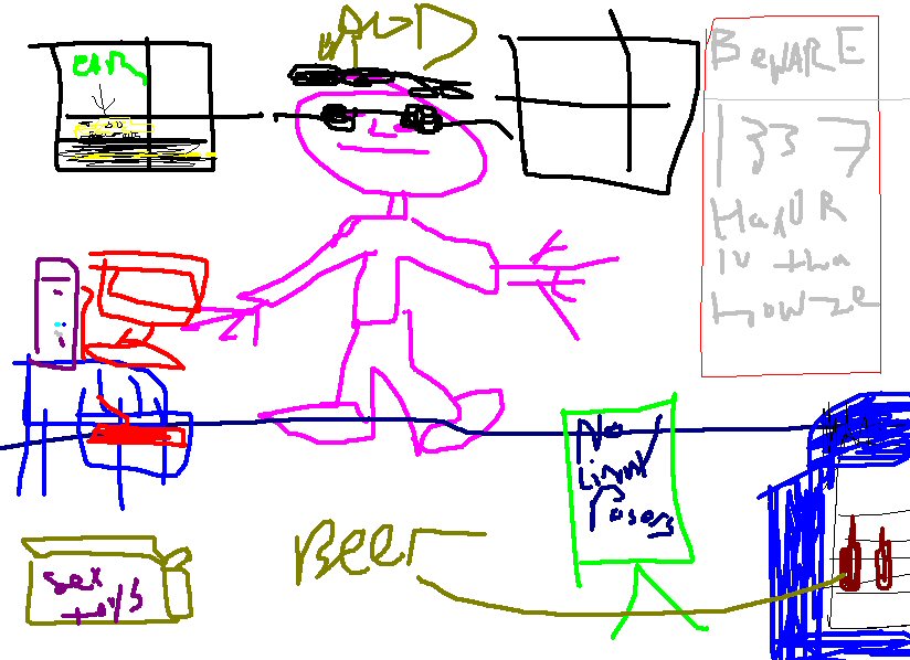 Drawing shows a stick figure with sunglasses and a hat, standing near a computer and a sign that says 'No Limt Poses'. There's also a box labeled 'sex toys' and a cooler with drinks