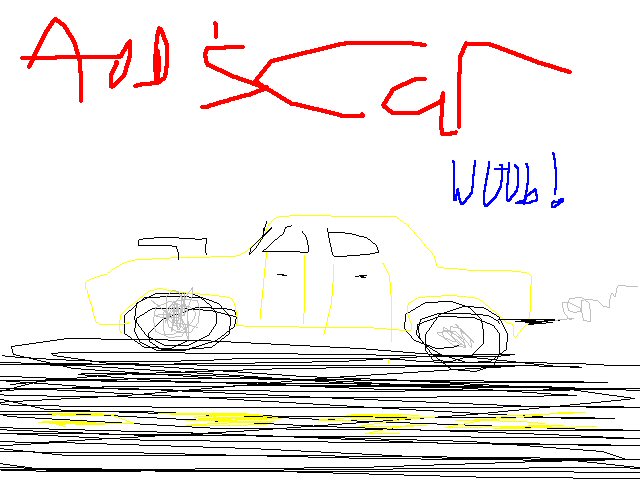 Yellow drawing of a car with a hood scoop and exhaust smoke, on a scribbled road