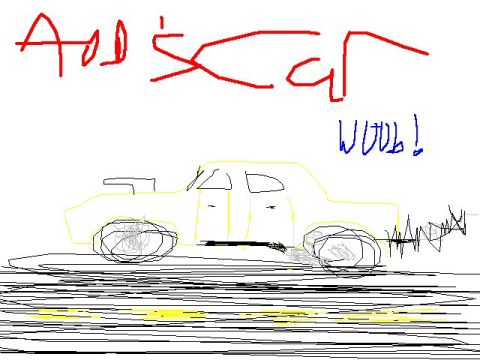 1985 Ford LTD Crown Victoria - A crude drawing depicts a yellow car with a hood scoop and exhaust, with text above and to the side.
