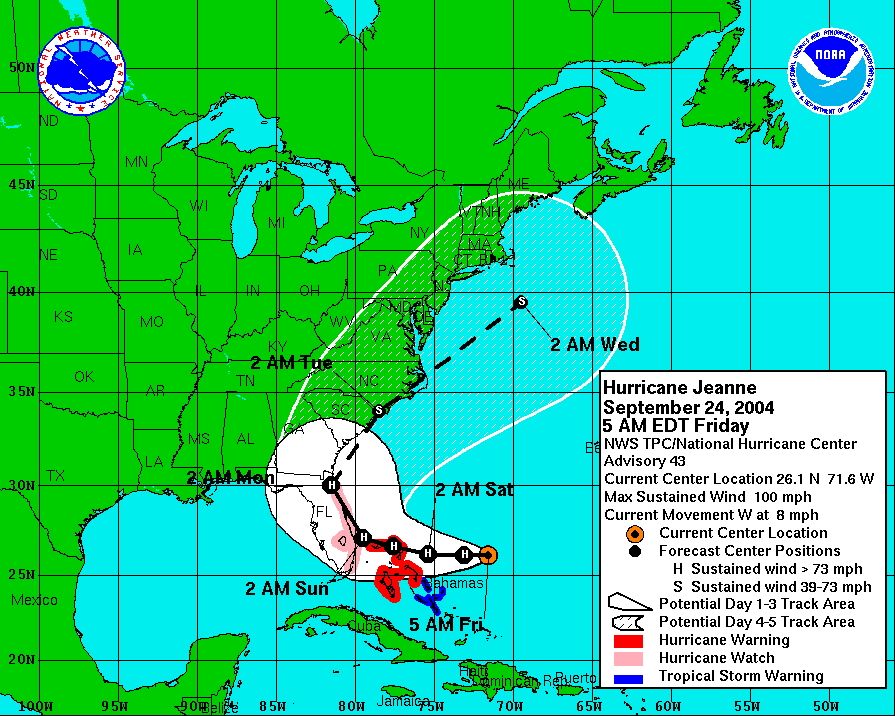 NOAA Hurricane Jeanne forecast track map over US East Coast
