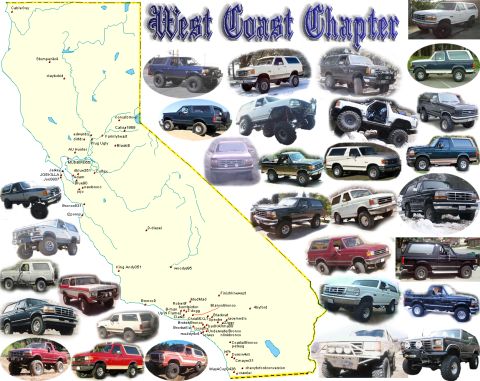 1995 Ford Bronco - A collection of Ford Broncos from the West Coast Chapter, displayed alongside a map of California indicating member locations.