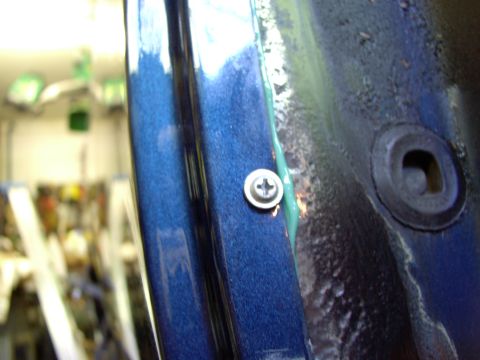 1986 Ford Bronco - Threw two screws into each door jam area. I did this more as alignment dowels to get the proper quarter to door skin levels before glueing.