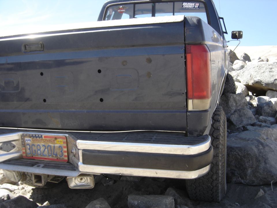 Dark blue pickup truck rear bumper and tailgate with California license plate 3G82043
