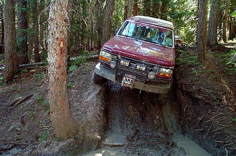 1993 Ford Bronco - A red SUV navigates a muddy, off-road trail in a dense forest.