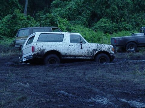1989 Ford Bronco - A white Ford Bronco is deeply stuck in mud, with other vehicles nearby in a wooded area.