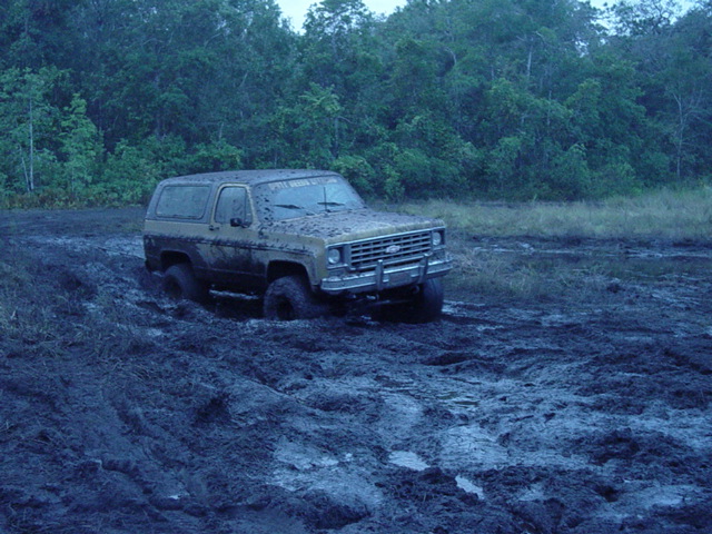 Mud-covered 1980 Ford Bronco stuck in mud, front 3/4 view