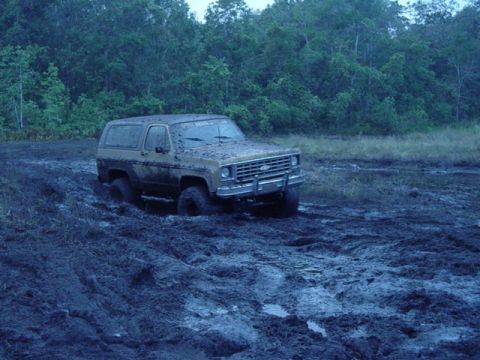 1989 Ford Bronco - This SUV is deeply stuck in thick mud, with trees in the background.