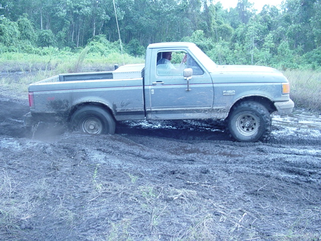 Gray Ford F-150 pickup truck stuck in mud, side view. The truck has a toolbox in the bed and off-road tires