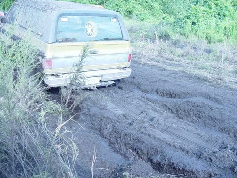 1989 Ford Bronco - Gold Chevrolet K5 Blazer struggles through thick mud on an off-road trail.
