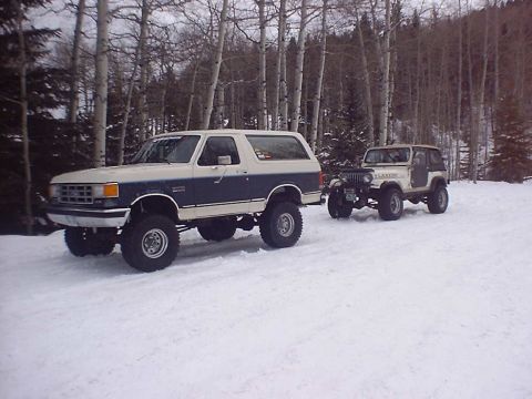 1988 Ford Bronco - A two-tone tan and blue 1988 Ford Bronco full-size SUV with a lift kit and oversized tires parked in the snow, shown in 3/4 front view. Beh…