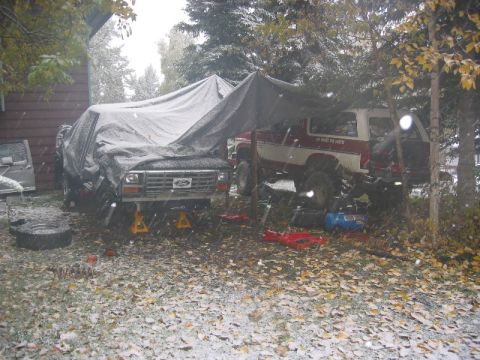 1985 Ford Bronco - Two Ford Broncos are parked outdoors under a tarp as snow falls.
