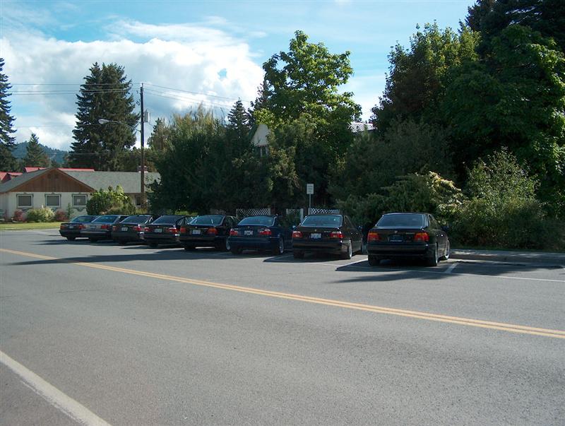 Row of dark BMW sedans parked diagonally along a roadside curb
