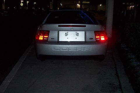 1993 Ford Taurus - Silver 2001 Ford Mustang Cobra rear view at night, showing 'COBRA' and 'SVT' badging.