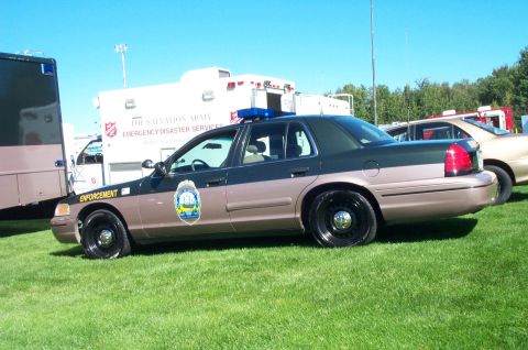 1991 Ford LTD Crown Victoria - A two-tone police car with a light bar is parked on a grassy field.
