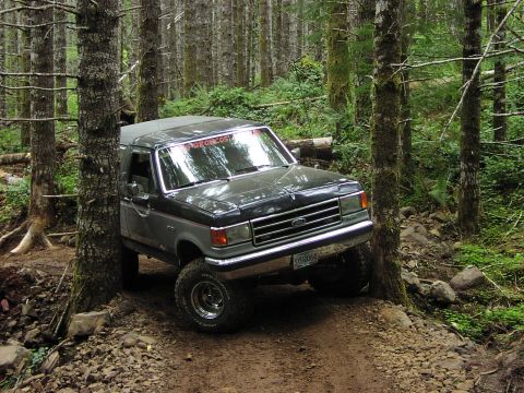 1993 Ford Bronco - This Ford Bronco is navigating a narrow, rocky path through a dense forest.