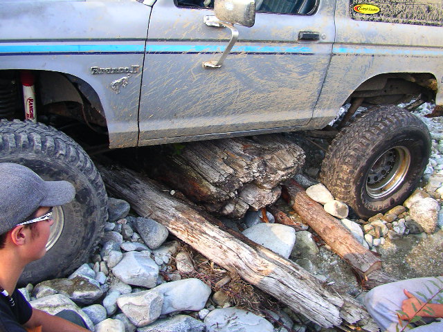 Gray Ford Bronco II with blue stripe, lifted suspension, driving over logs and rocks