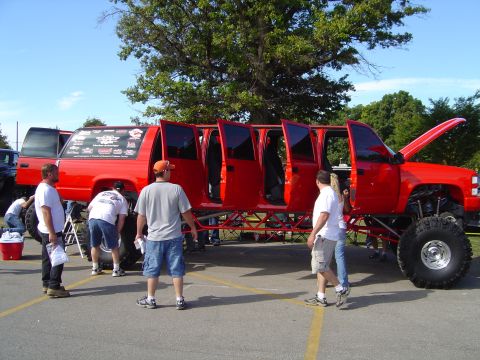 1978 Ford Bronco - This heavily modified SUV has been stretched into a limousine with an extreme lift kit and large tires.