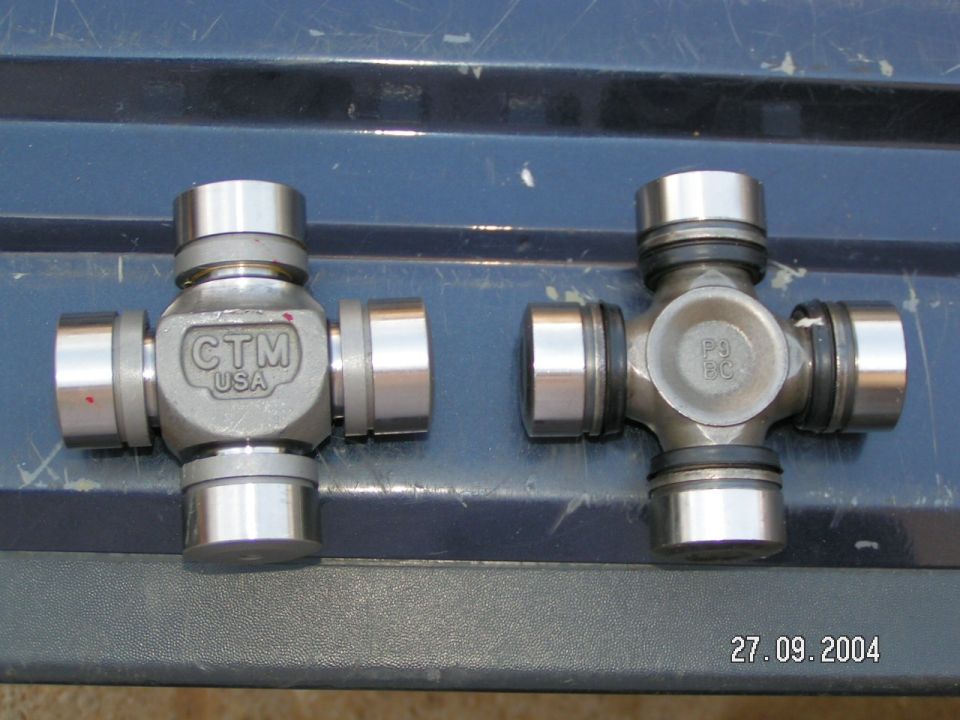Two metal universal joints with CTM USA and P3 BC markings sit on a dark blue surface