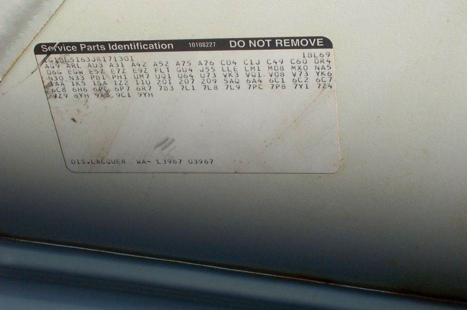 GM Service Parts Identification label with RPO option codes and paint code, marked DO NOT REMOVE