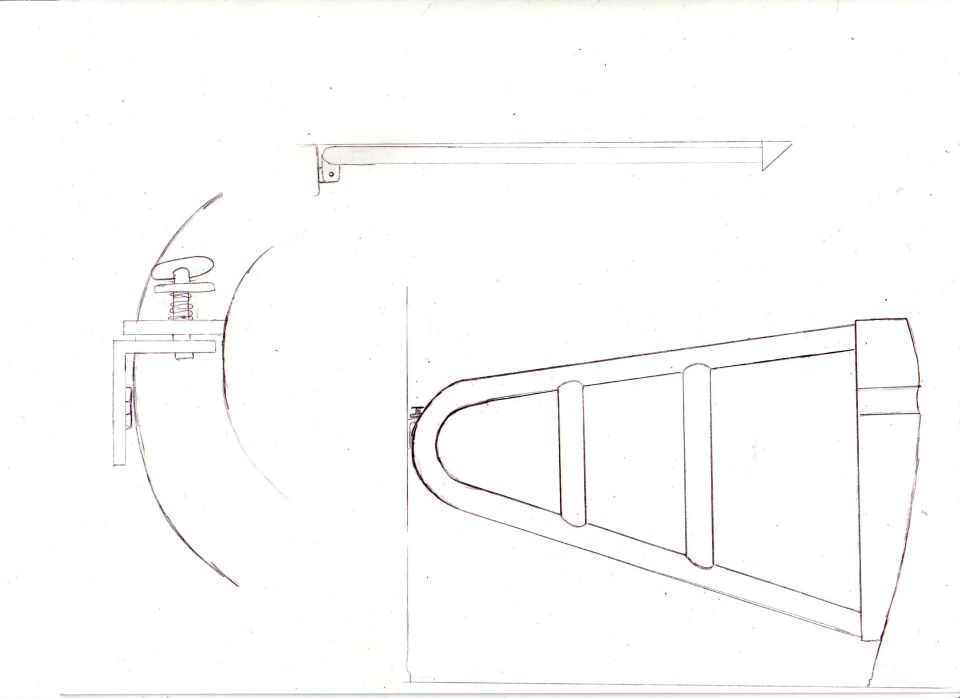 Hand-drawn dimensioned drawing of a tapered bracket and round panel with mounting hardware