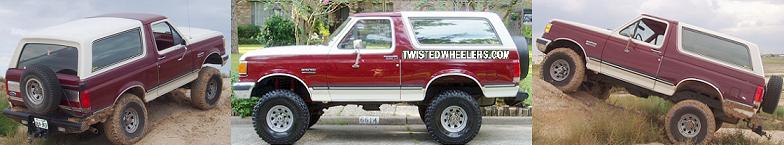 Three-panel collage of a maroon and white lifted Bronco climbing dirt obstacles