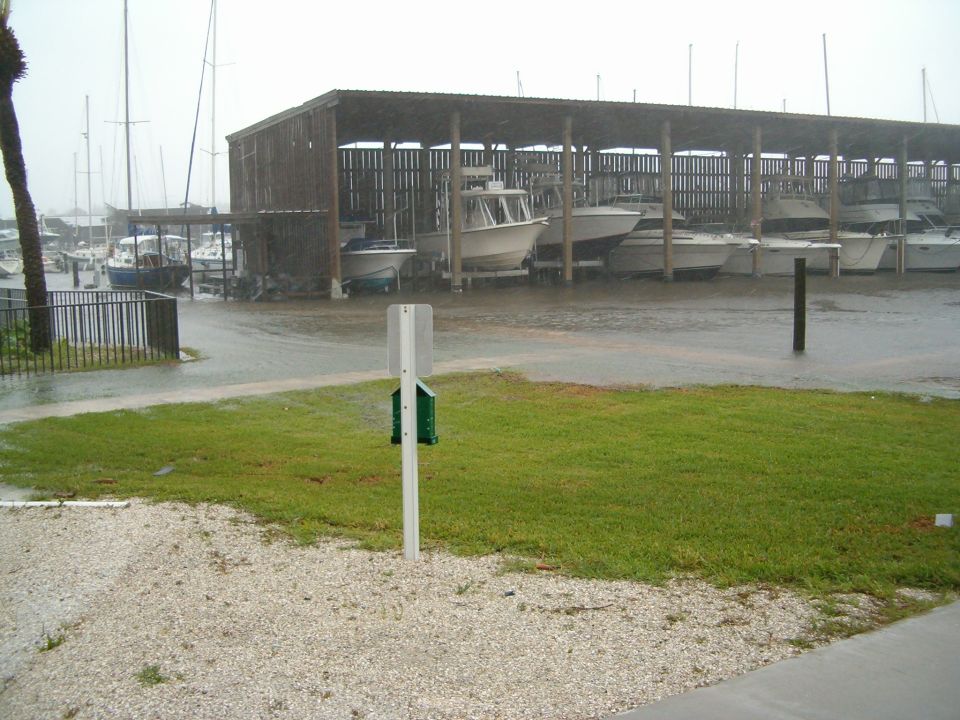 Boats stored under a wooden cover at a marina during a rain shower