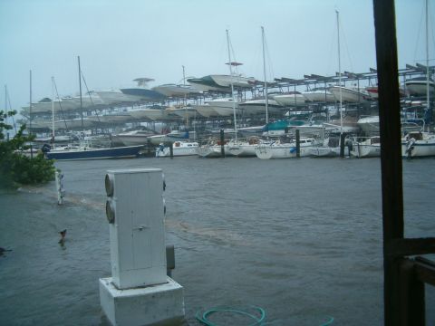 1991 Ford Bronco - Boats are stored on racks in a marina, with the water level high and choppy, indicating rough weather conditions.