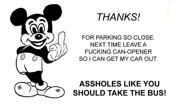 Joke parking notice card with cartoon mouse and sarcastic text about close parking