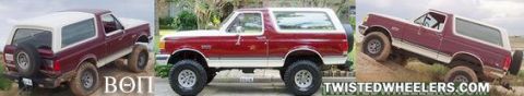 1990 Ford Bronco - Three views of a modified Ford Bronco, one angled on uneven terrain.