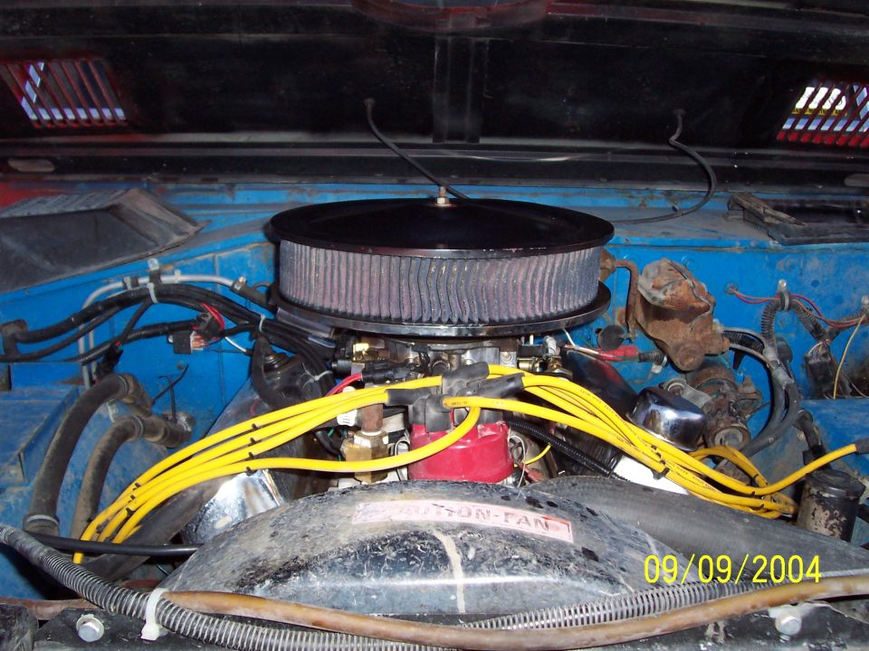 V8 engine bay with round chrome air cleaner, yellow plug wires, blue inner fenders