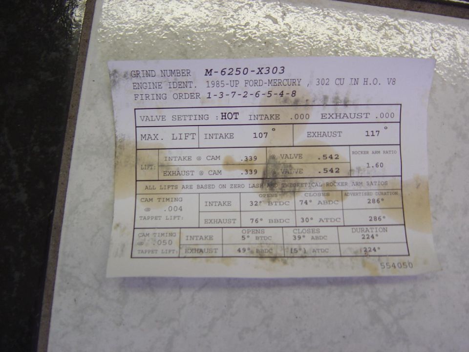 Engine specifications document for 1985 Ford-Mercury 302 V8 with grind number M-6250-X303