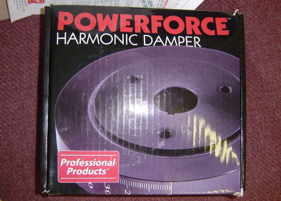 Box for a Powerforce Harmonic Damper, shows a picture of the damper. Professional Products logo visible