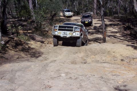 1982 Ford Bronco - A convoy of off-road vehicles navigates a challenging dirt trail through a wooded area.