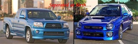 1990 Ford Bronco - Two blue vehicles, a Toyota Tacoma and a Subaru WRX STI, are shown together.