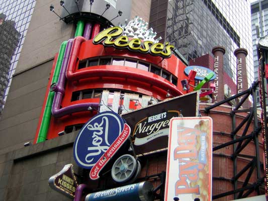Reese's store facade with York, Hershey's, and Jolly Rancher signs