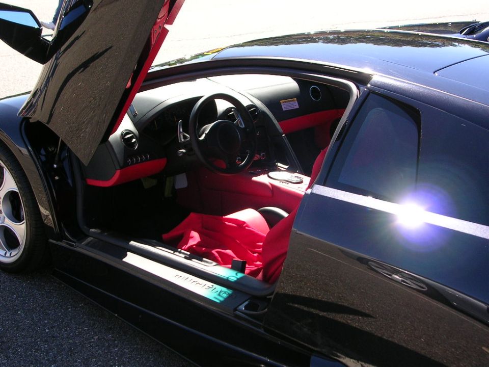 Black sports car interior with red seats and butterfly doors open