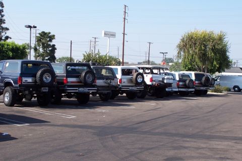 1990 Ford Bronco - Multiple Ford Bronco SUVs are parked in a lot under a clear sky.