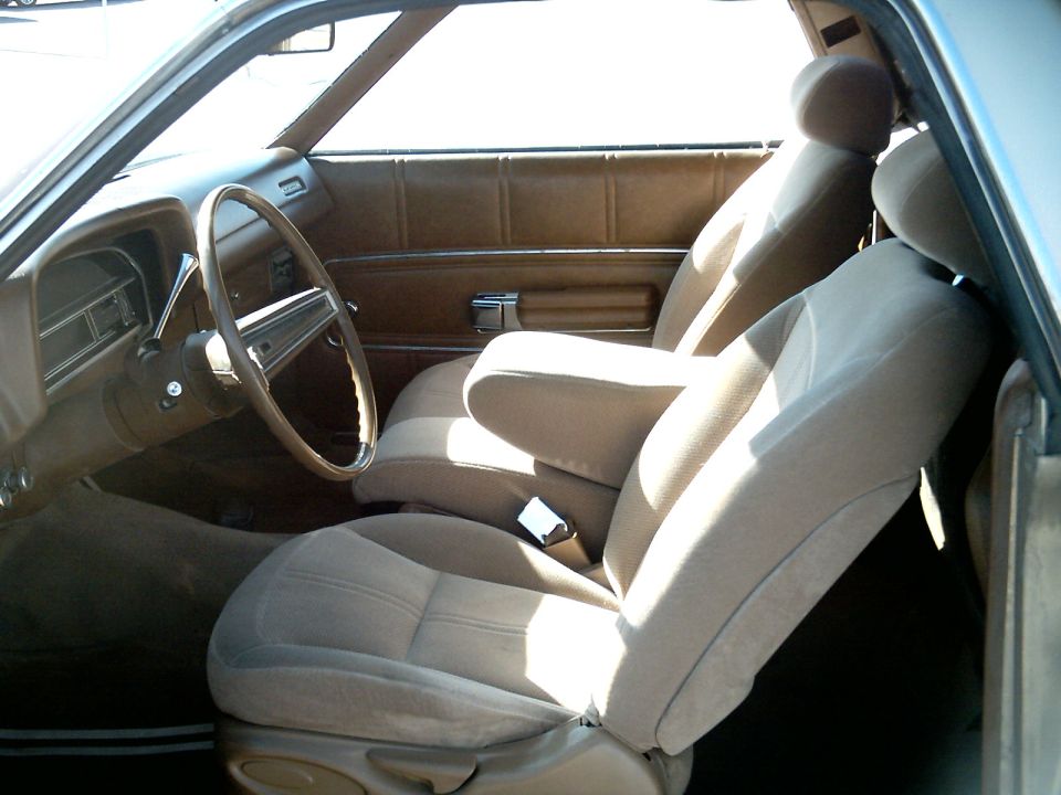 Car interior with tan cloth bucket seats, brown door panel, and black steering wheel seen from driver's side.