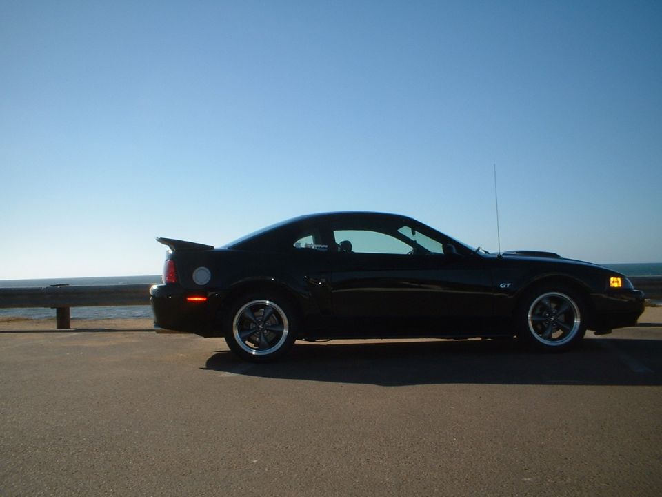 Black Ford Mustang GT coupe in profile by the ocean, chrome five-spoke wheels