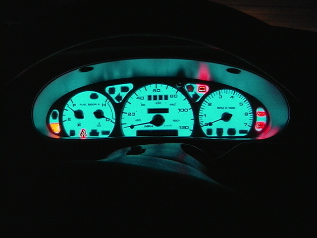 Glowing teal dashboard gauges with red warning lights visible